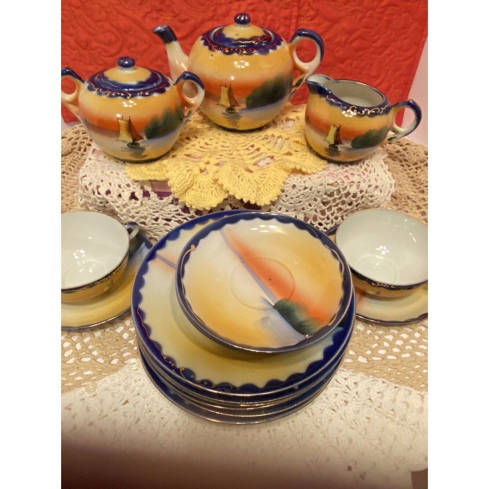 Vintage‎ 17 Piece Japanese Hand Painted Tea Set Lusterware With Sailboat